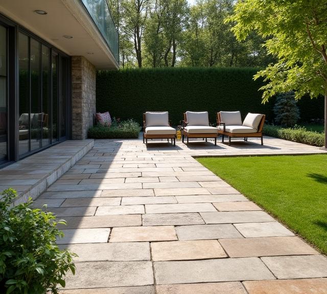 Luksusowe patio z kamienia naturalnego realizacja hardscaping Warsaw Puszcza Verde